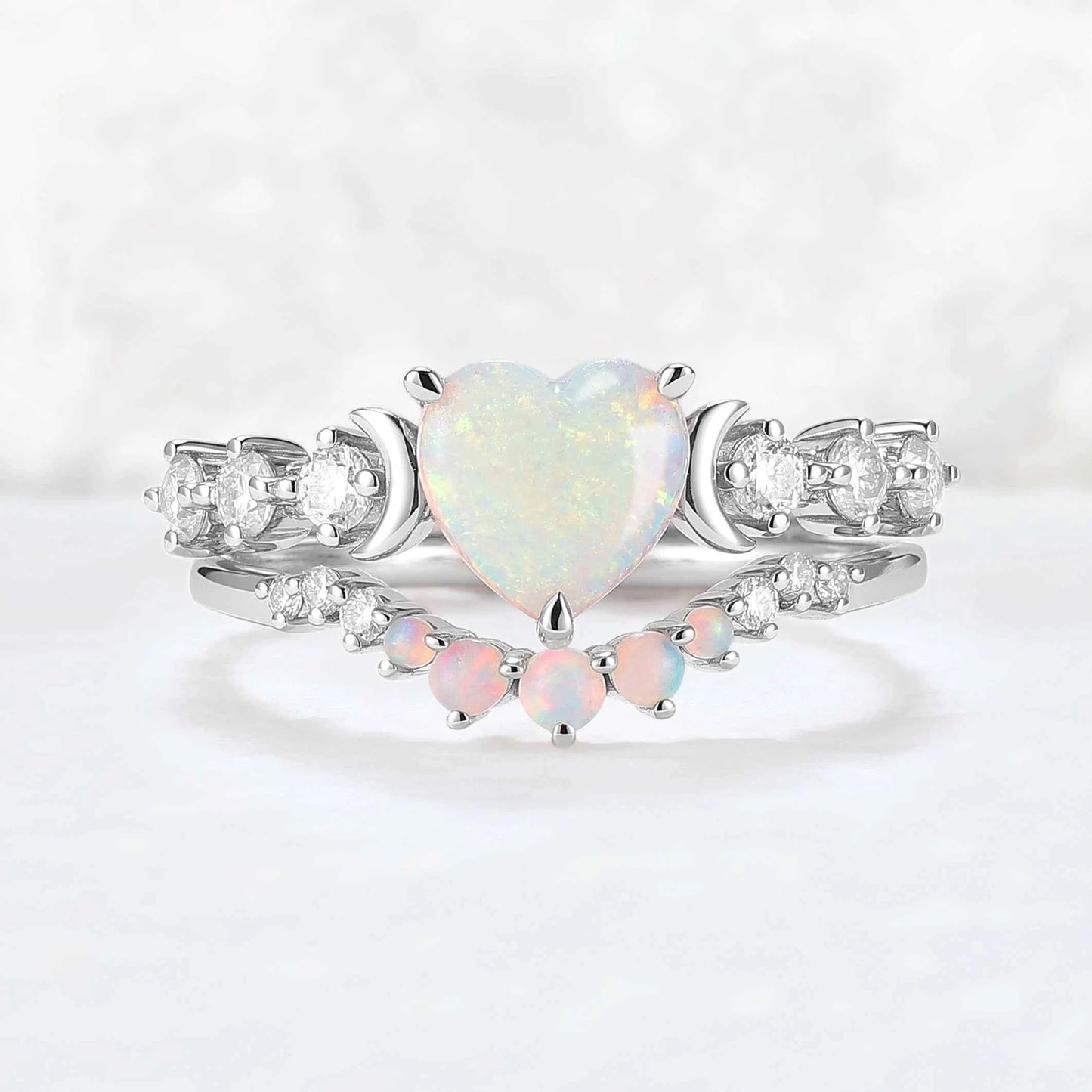 Heart Shape Opal Moon Seven Stone Gemstone Ring Set 2pcs