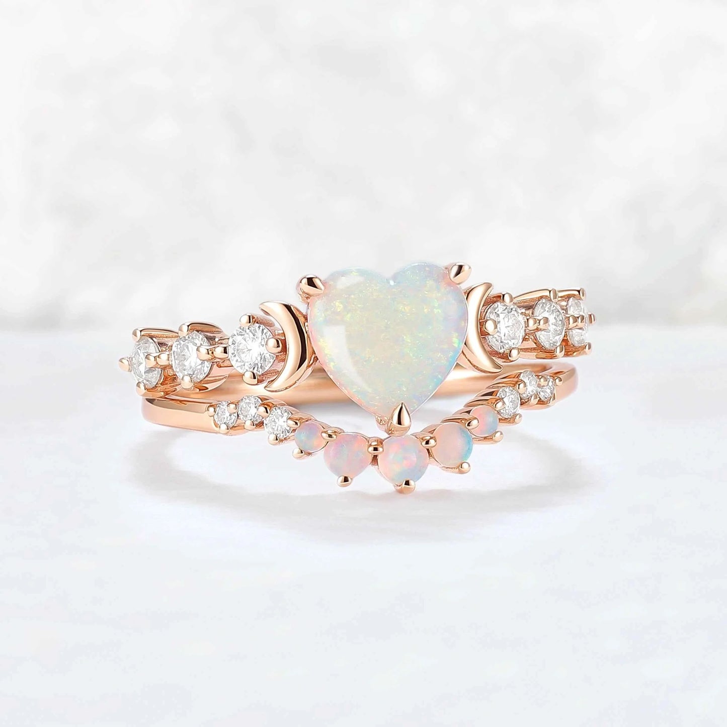 Heart Shape Opal Moon Seven Stone Gemstone Ring Set 2pcs