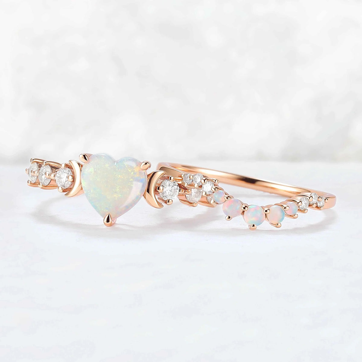 Heart Shape Opal Moon Seven Stone Gemstone Ring Set 2pcs