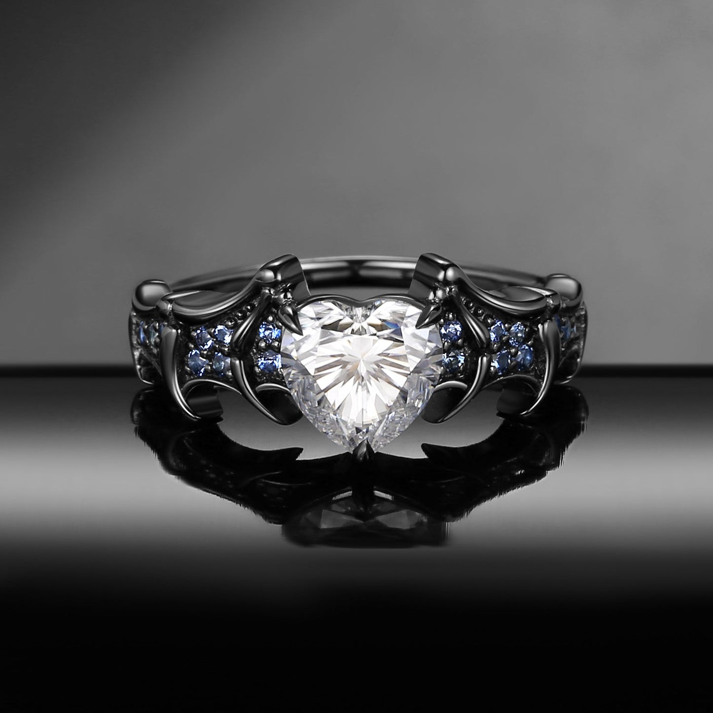 Gothic Inspired Heart Moissanite Black Gold Engagement Ring Jewelry Set - Bat Jewelry Box