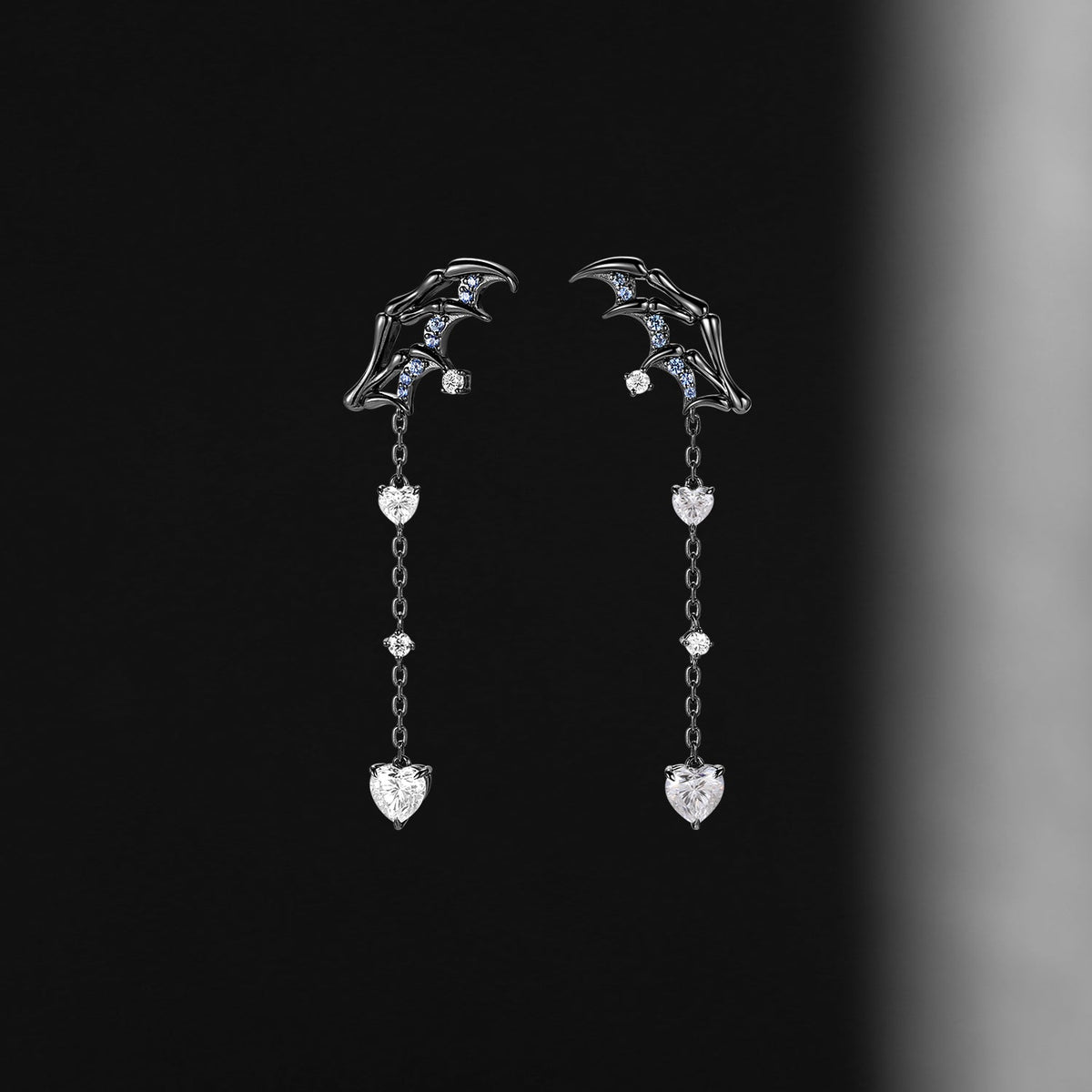 Gothic Bat Inspired Heart Moissanite Black Gold Jewelry Set - Bat Jewelry Box