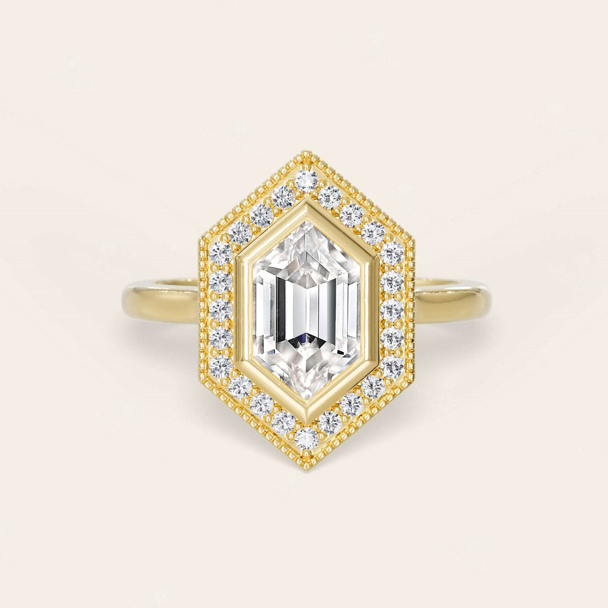 Hexagon Cut Lab Grown Diamond Halo Art Deco Engagement Ring
