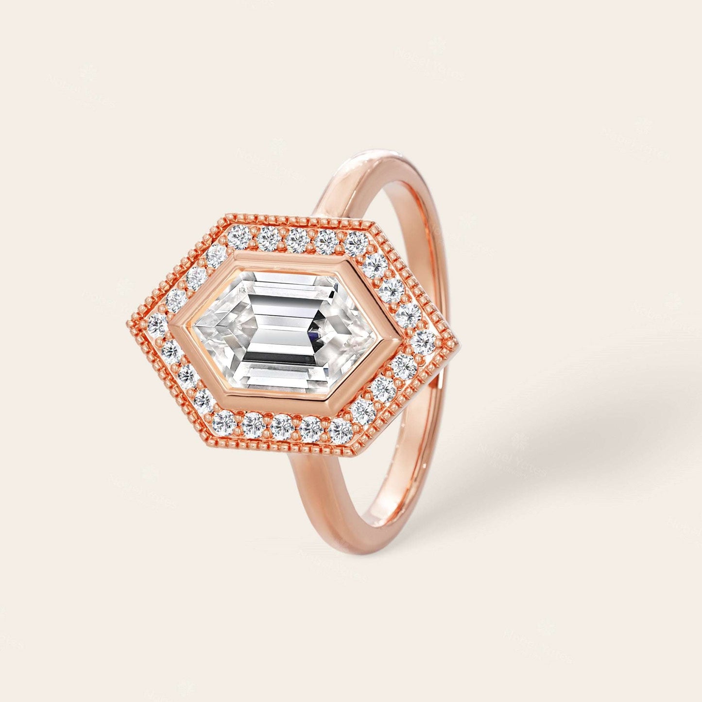 Hexagon Cut Lab Grown Diamond Halo Art Deco Engagement Ring