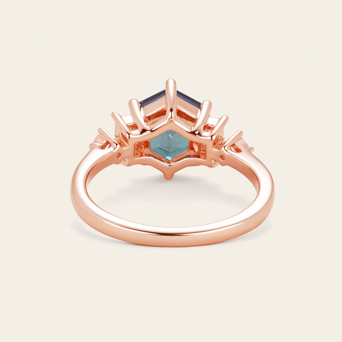 Hexagon Lab Alexandrte & Lab Grown Diamond Art Deco Engagement Ring