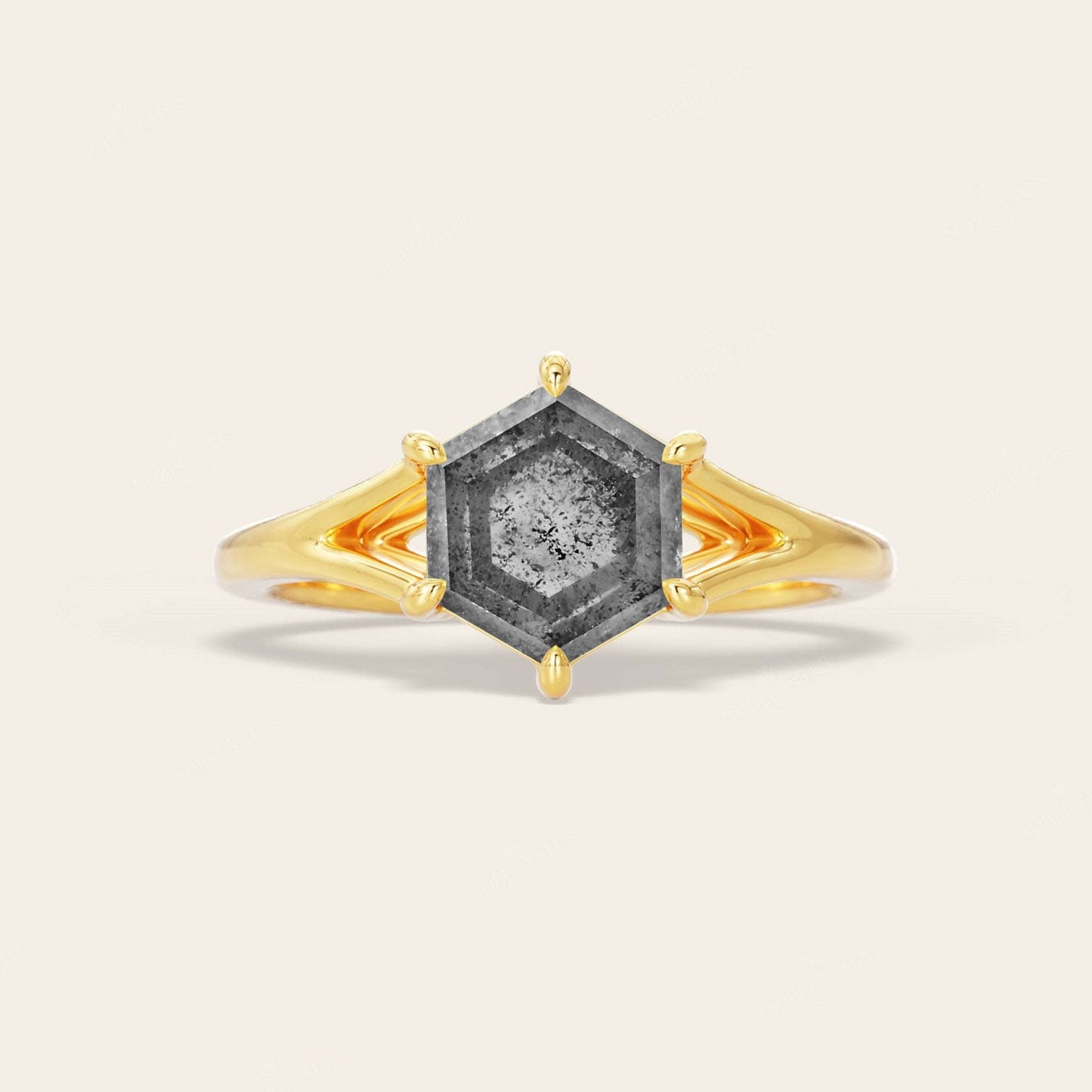Hexagon Salt & Pepper Diamond Art Deco Engagement Ring Split Shank