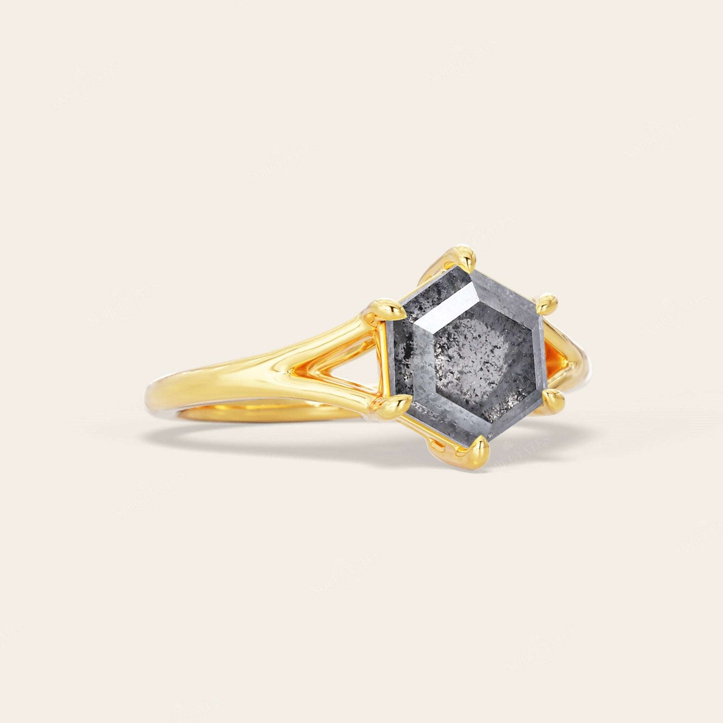 Hexagon Salt & Pepper Diamond Art Deco Engagement Ring Split Shank