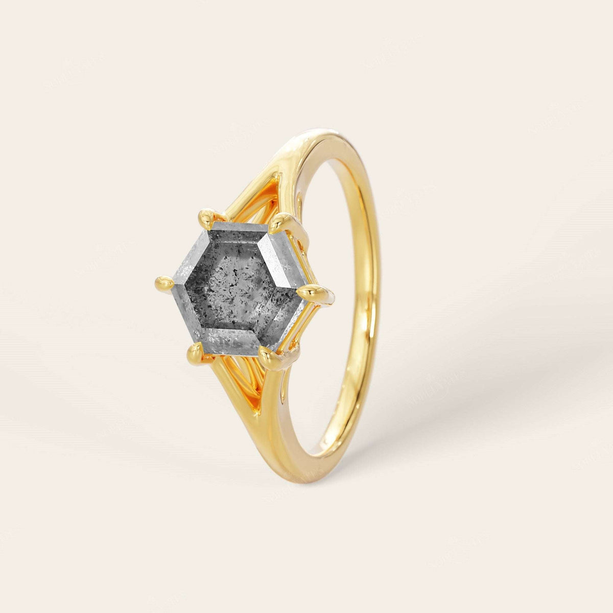 Hexagon Salt & Pepper Diamond Art Deco Engagement Ring Split Shank