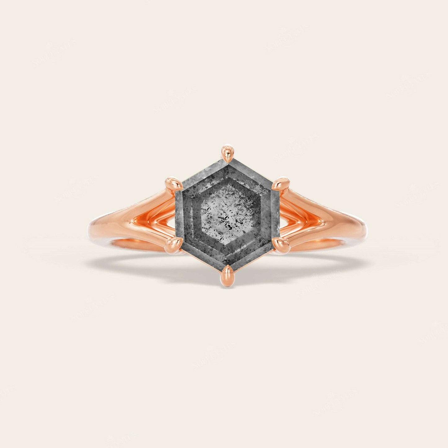 Hexagon Salt & Pepper Diamond Art Deco Engagement Ring Split Shank