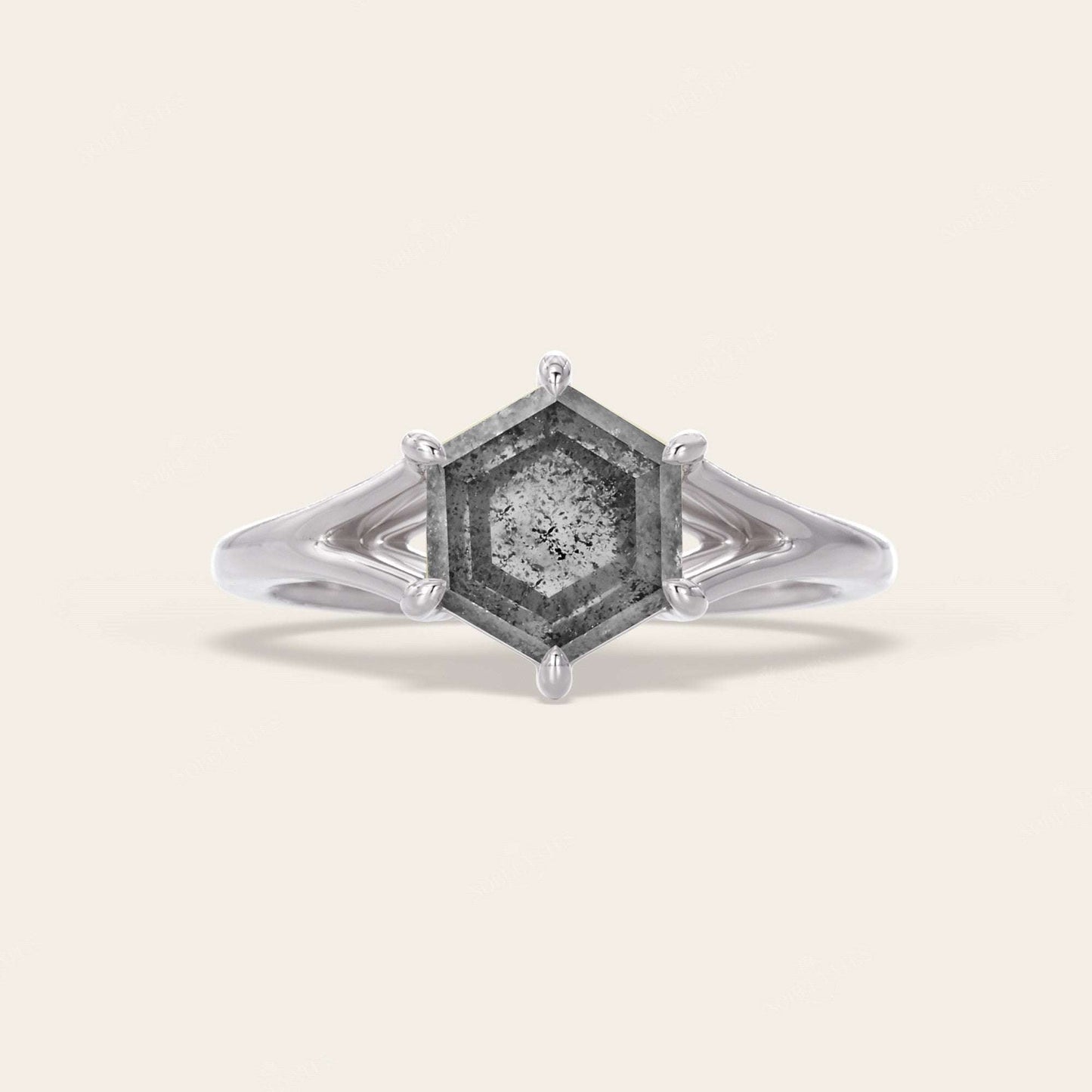 Hexagon Salt & Pepper Diamond Art Deco Engagement Ring Split Shank