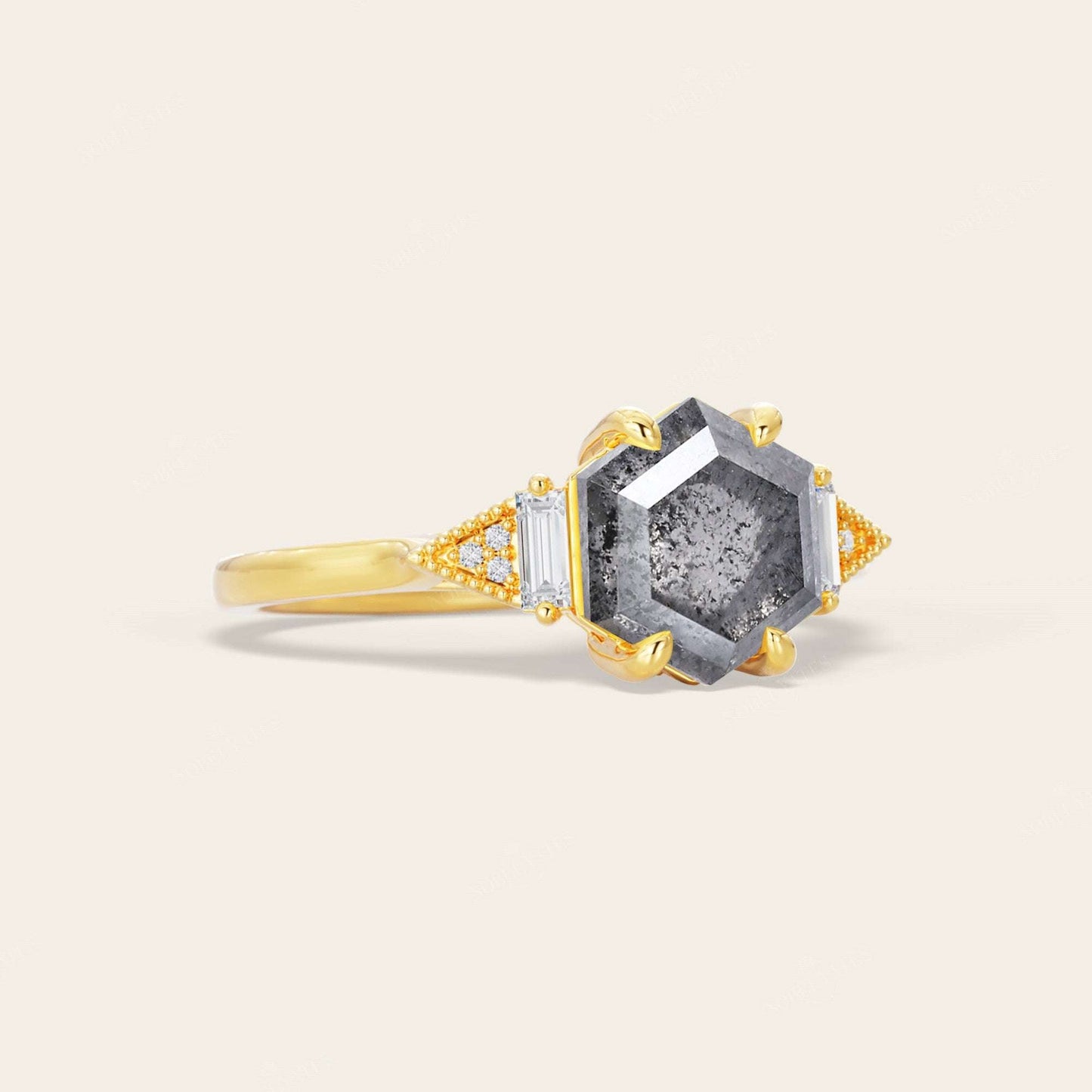 Hexagon Salt & Pepper Diamond Three Stone  Engagement Ring
