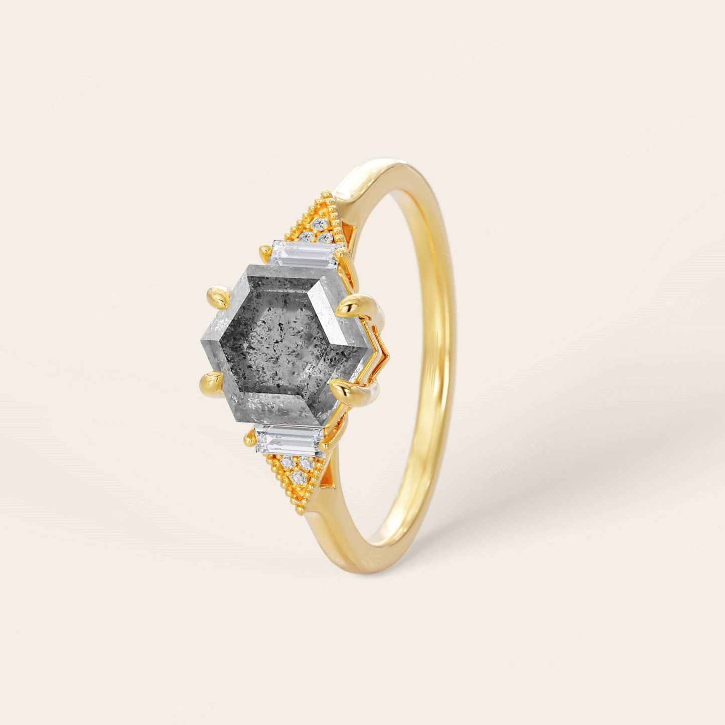 Hexagon Salt & Pepper Diamond Three Stone  Engagement Ring