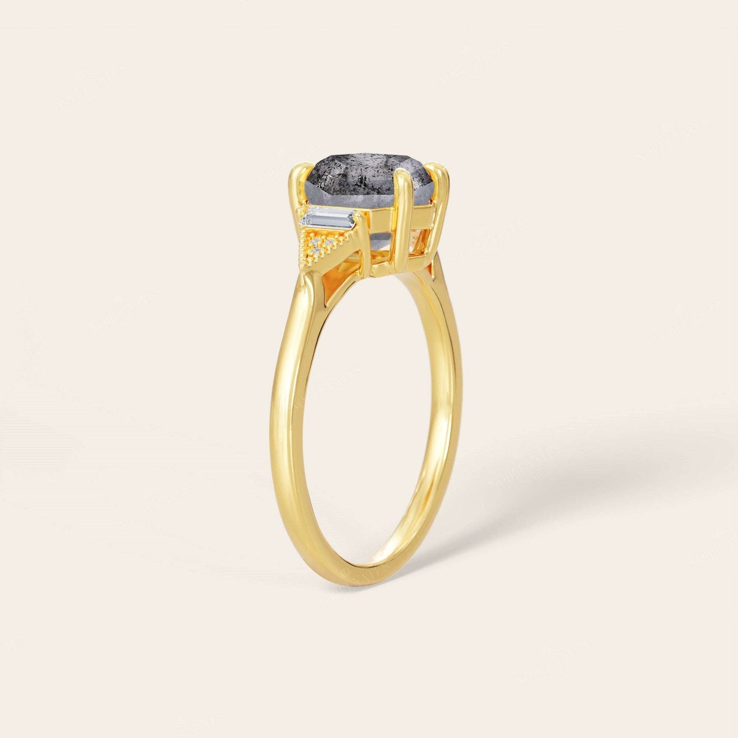 Hexagon Salt & Pepper Diamond Three Stone  Engagement Ring