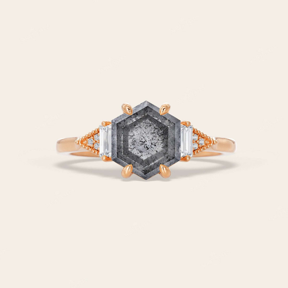 Hexagon Salt & Pepper Diamond Three Stone  Engagement Ring