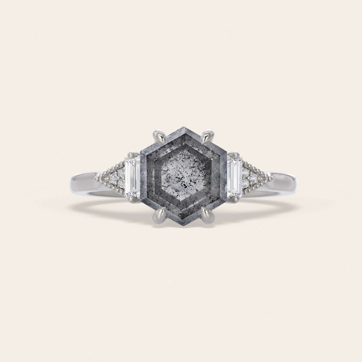 Hexagon Salt & Pepper Diamond Three Stone  Engagement Ring