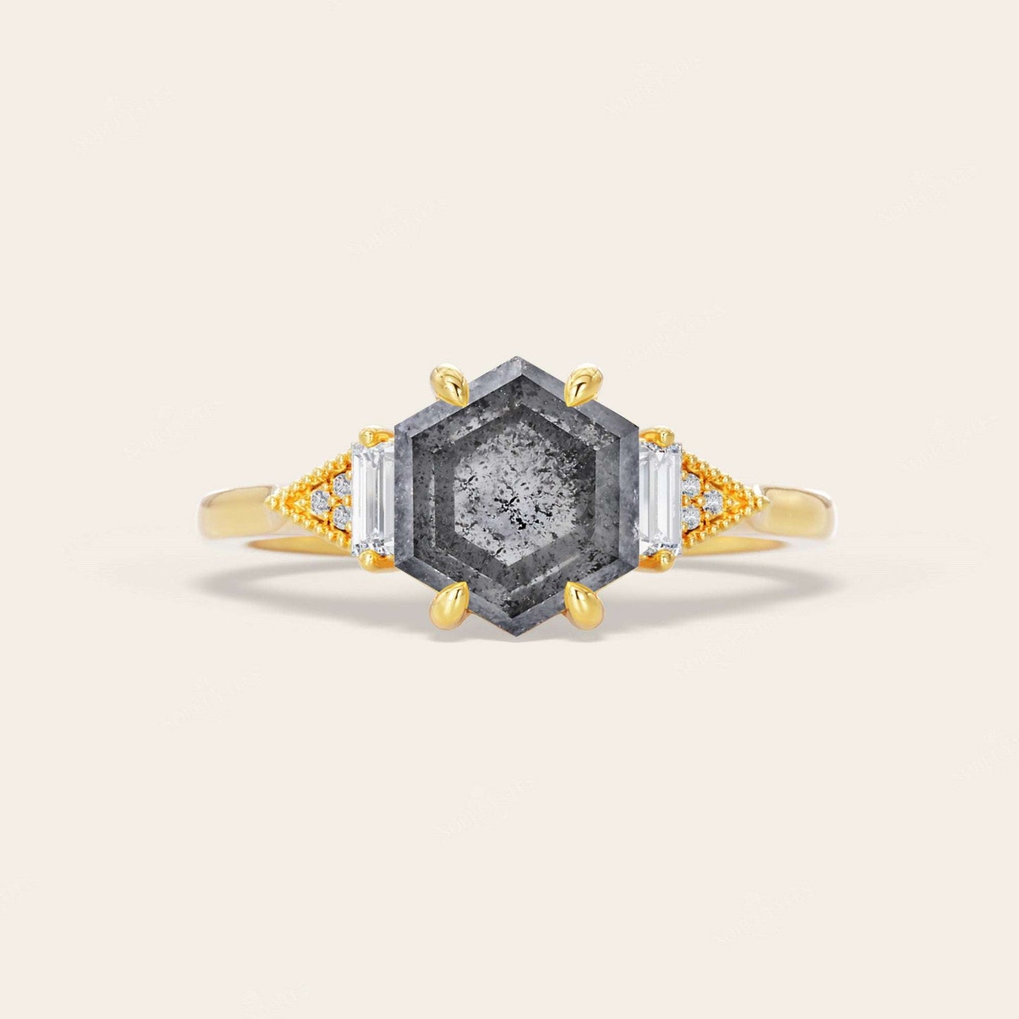 Hexagon Salt & Pepper Diamond Three Stone  Engagement Ring