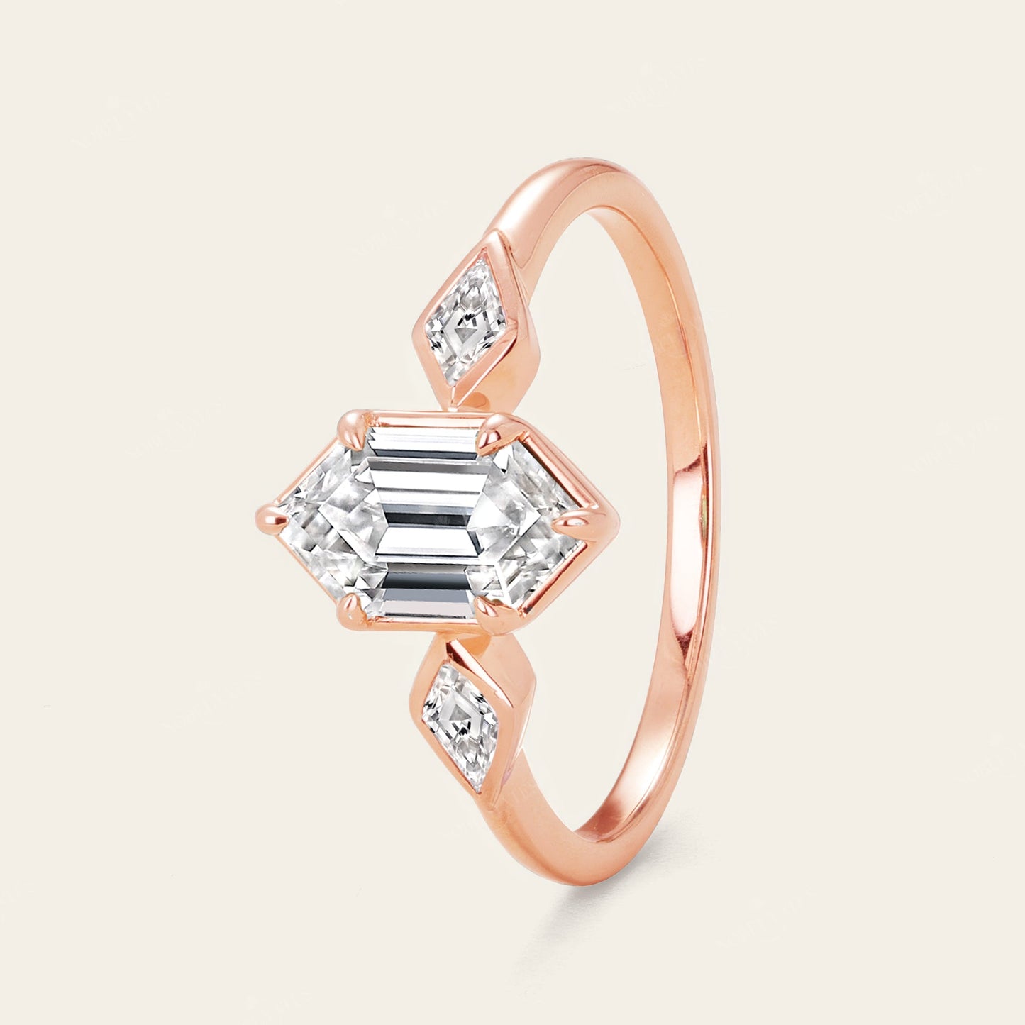 Hexagon & Kite Cut Moissanite Three Stone Art Deco Engagement Ring