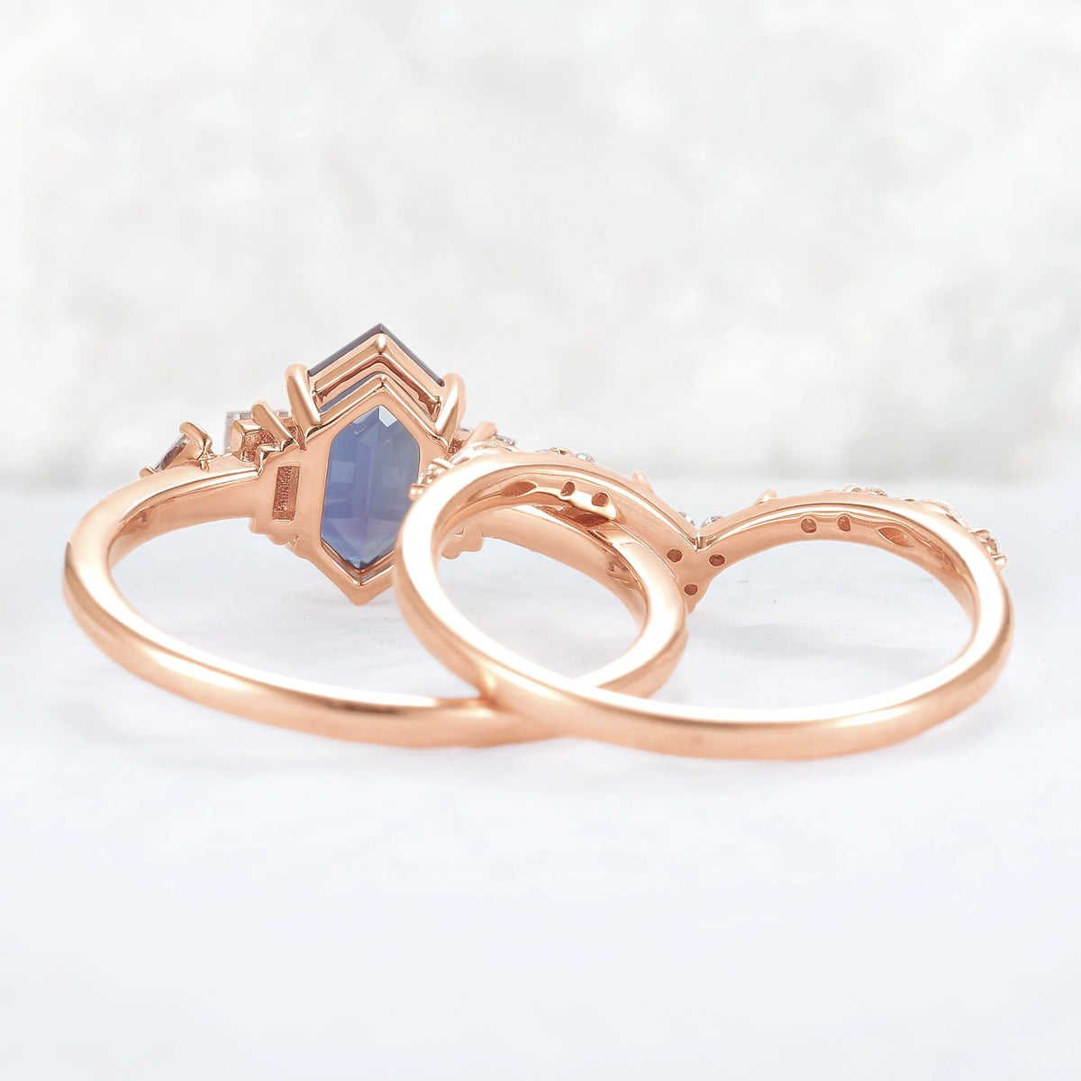 Hexagon Cut Alexandrite Five Stone Gemstone Ring Set 2pcs