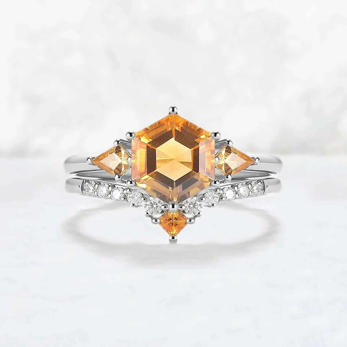 Hexagon Cut Citrine Three Stones Gemstone Ring Set 2pcs