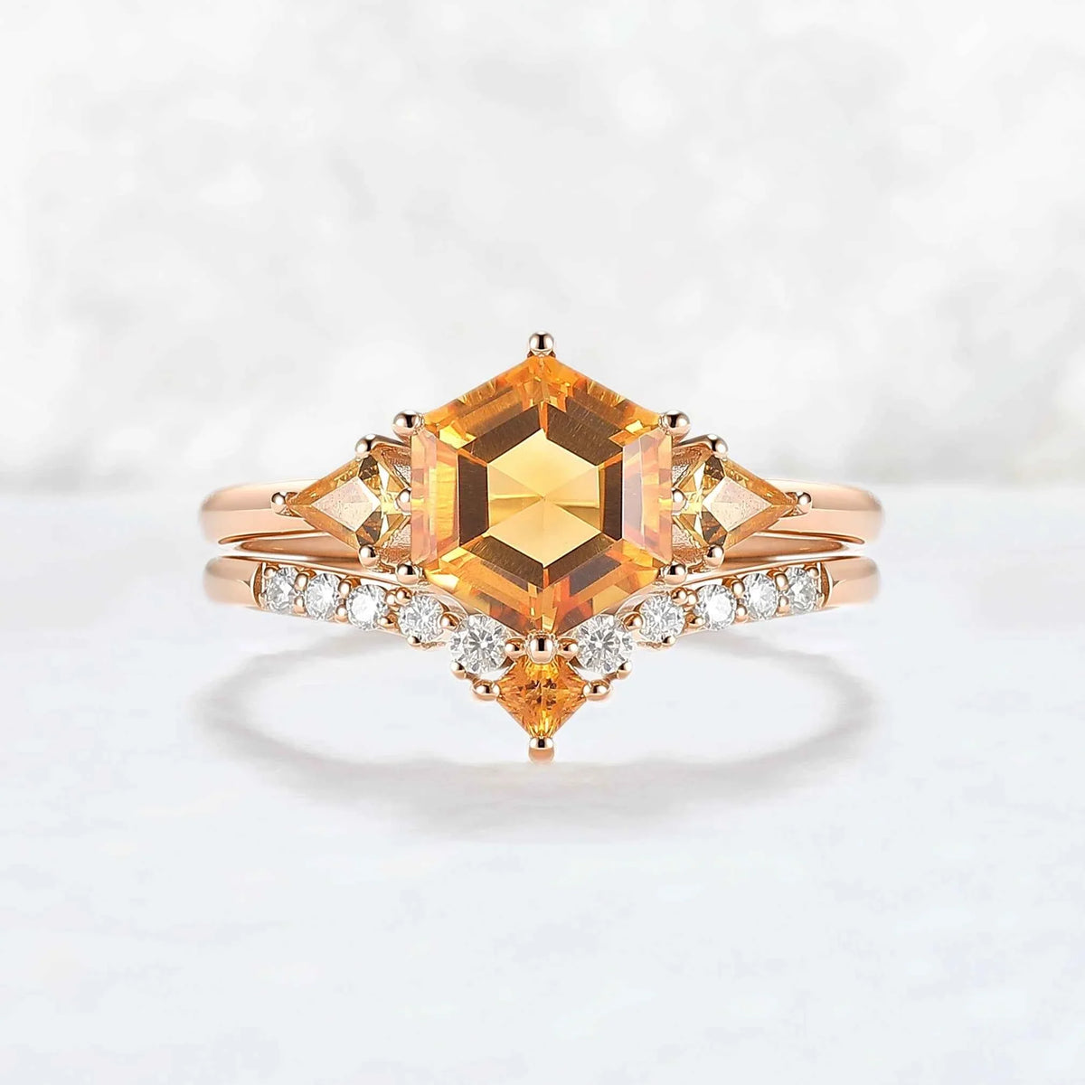 Hexagon Cut Citrine Three Stones Gemstone Ring Set 2pcs