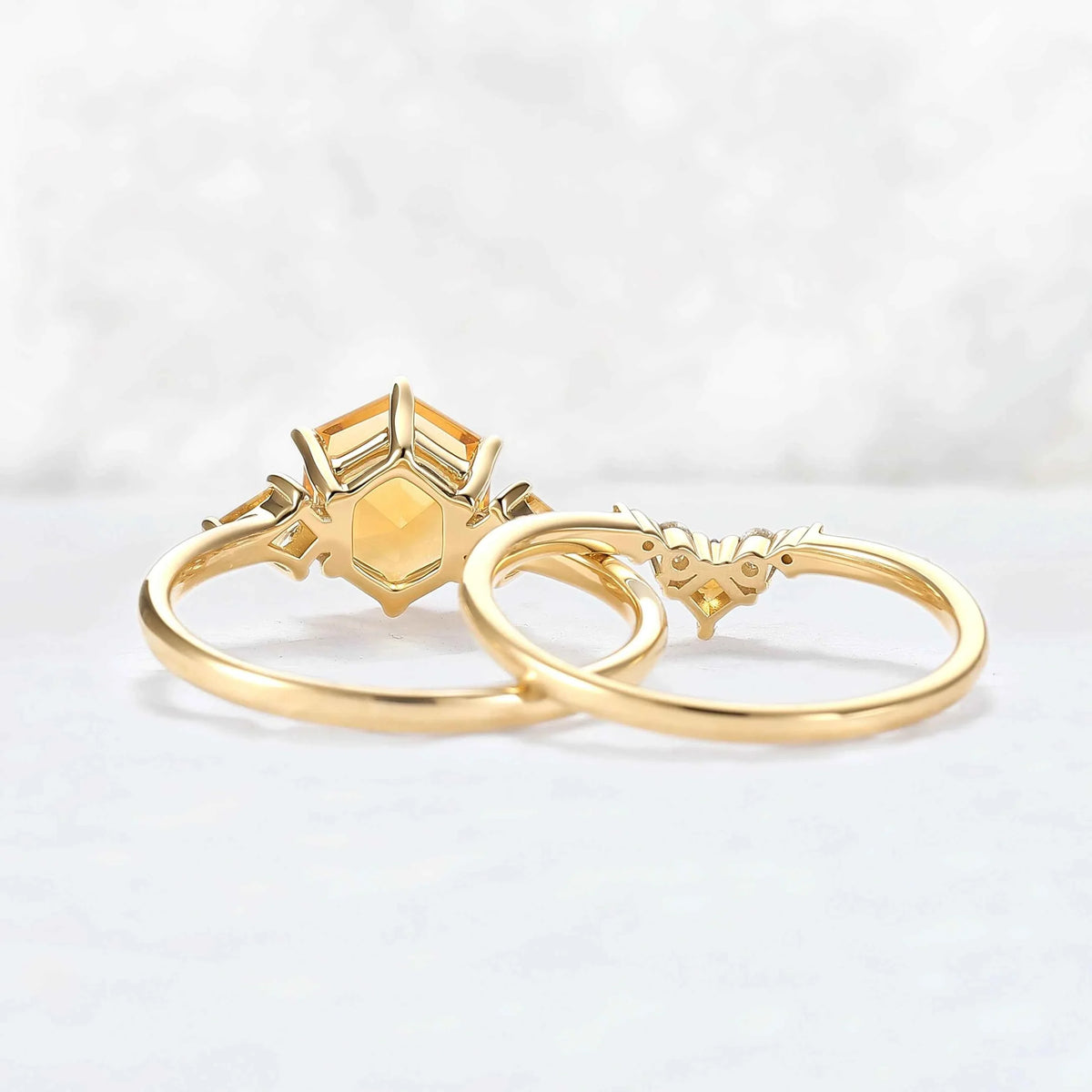 Hexagon Cut Citrine Three Stones Gemstone Ring Set 2pcs
