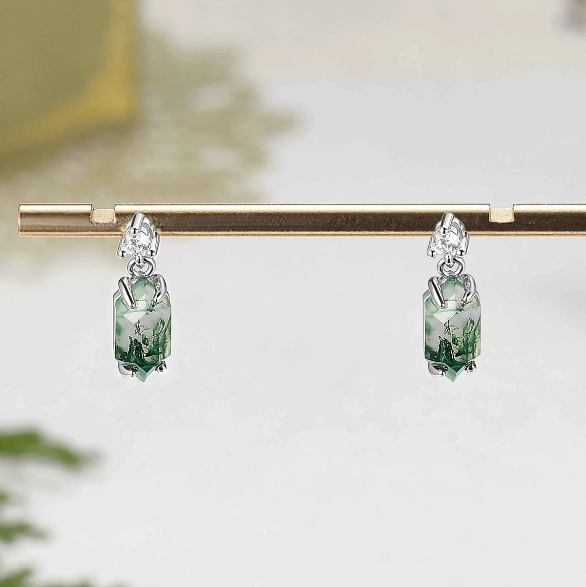 Hexagon Cut Moss Agate Earrings - Ready to Ship