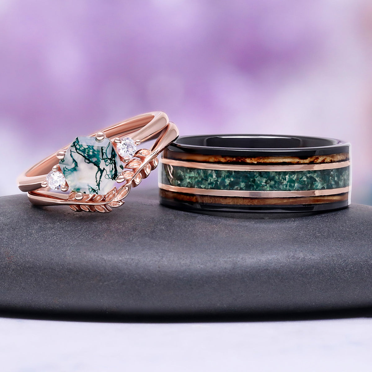 Whiskey Barrel & Moss Agate Two Tone Rose Gold/ Black Tungsten Men's Ring (8mm)