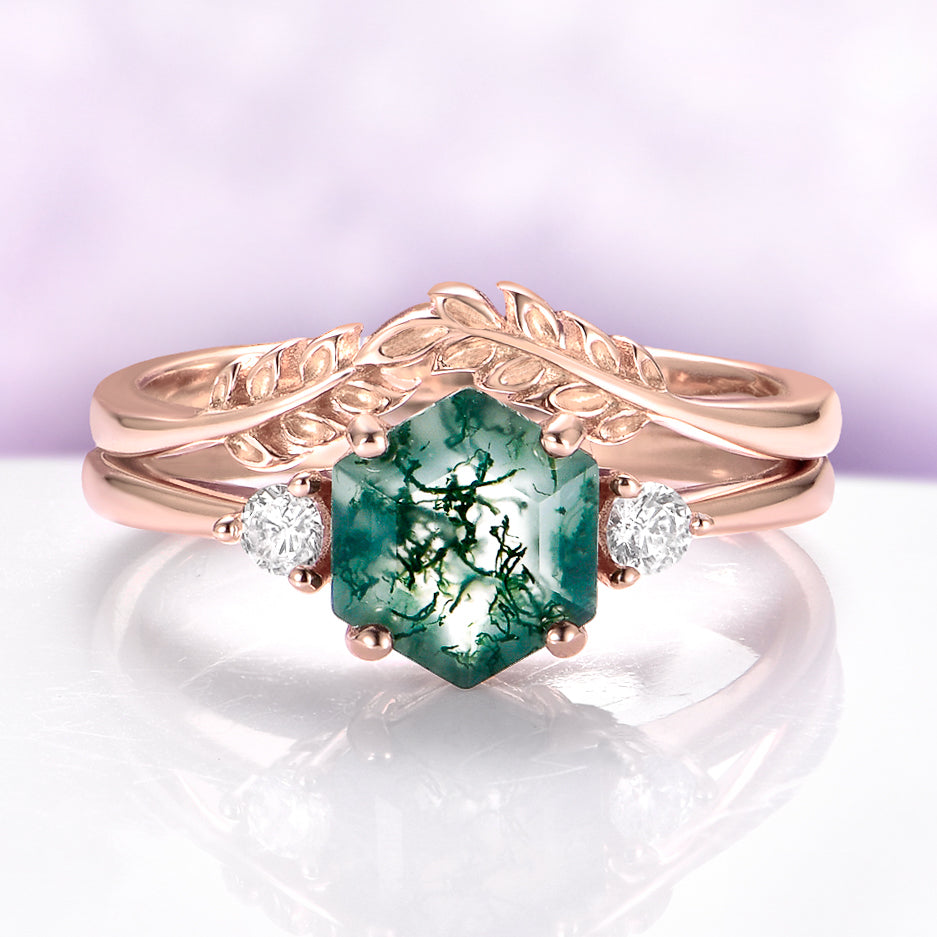 Hexagon Moss Agate & Whiskey Barrel Couples Rings Set