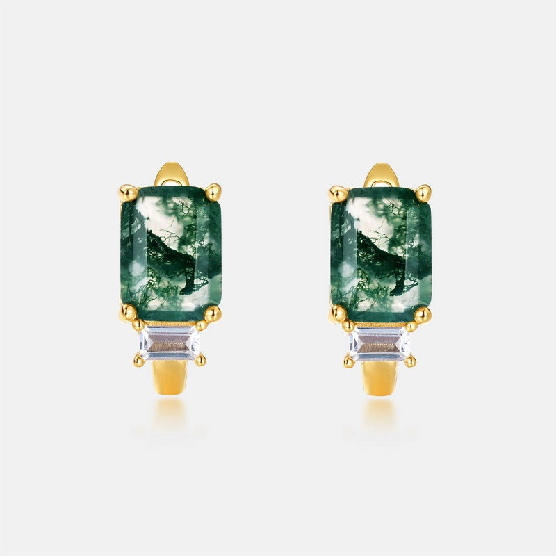 Moss Agate Accent Baguette Huggie Hoop Earrings for Women