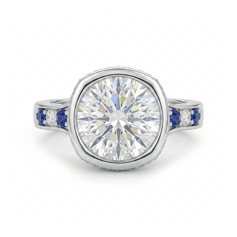Hidden Halo Bezel Round Moissanite and Blue Sapphires Engagement Ring
