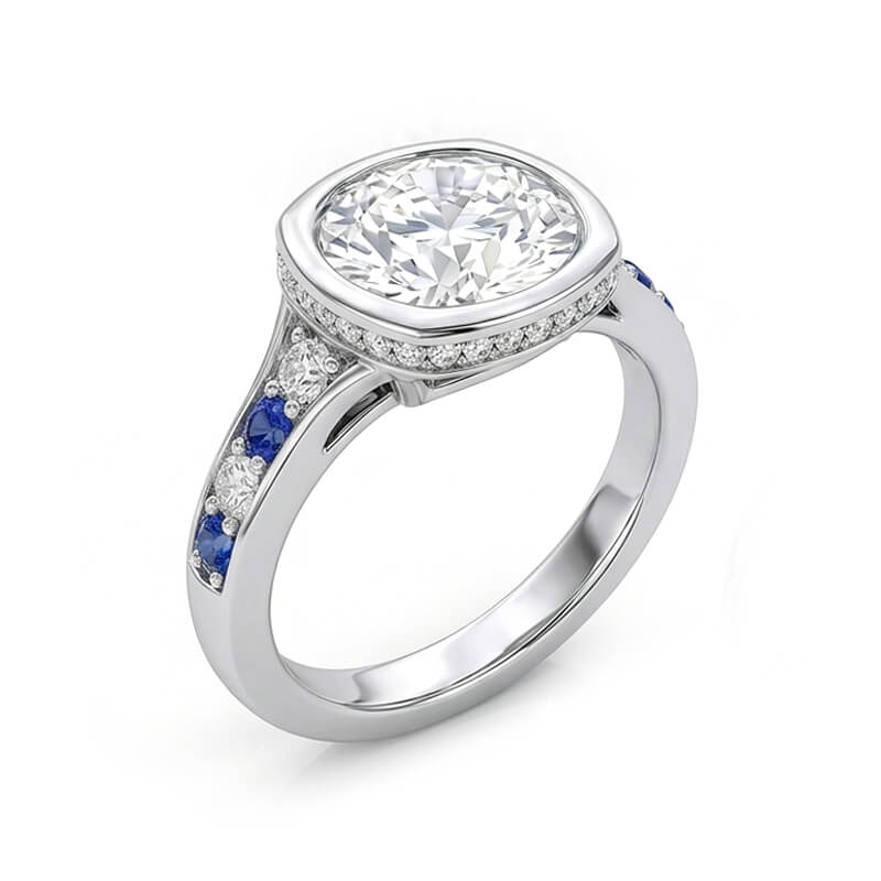 Hidden Halo Bezel Round Moissanite and Blue Sapphires Engagement Ring