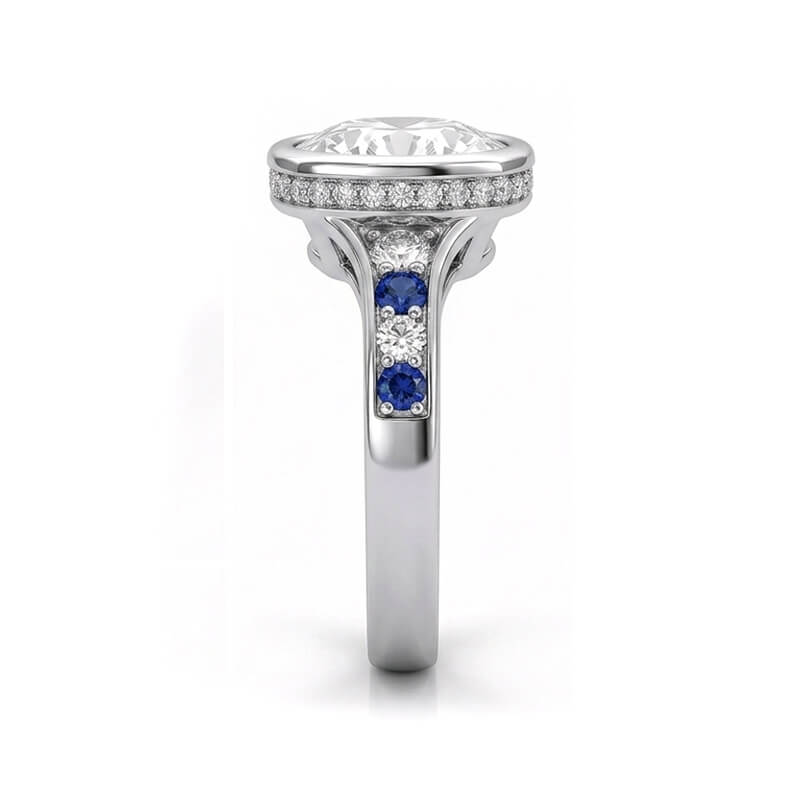 Hidden Halo Bezel Round Moissanite and Blue Sapphires Engagement Ring
