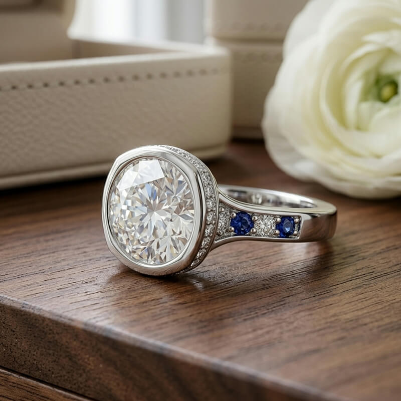Hidden Halo Bezel Round Moissanite and Blue Sapphires Engagement Ring