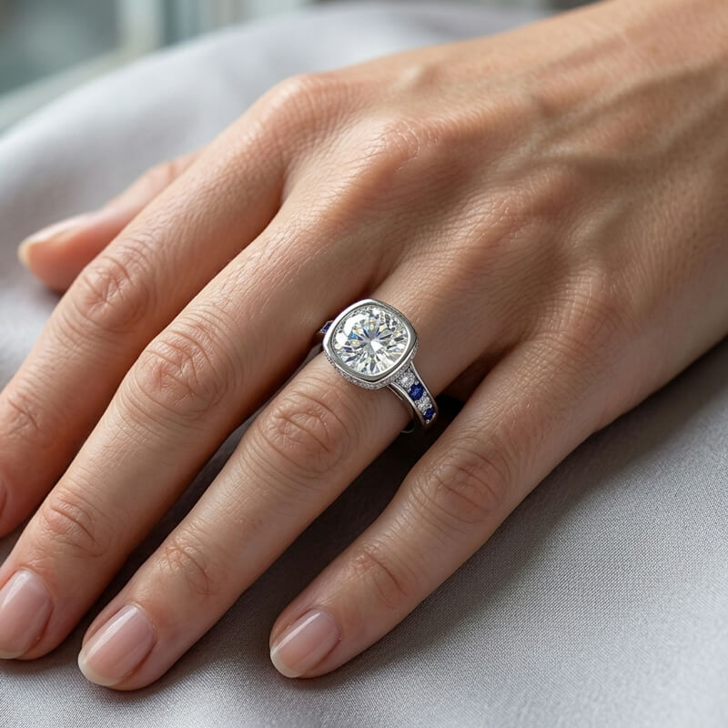 Hidden Halo Bezel Round Moissanite and Blue Sapphires Engagement Ring