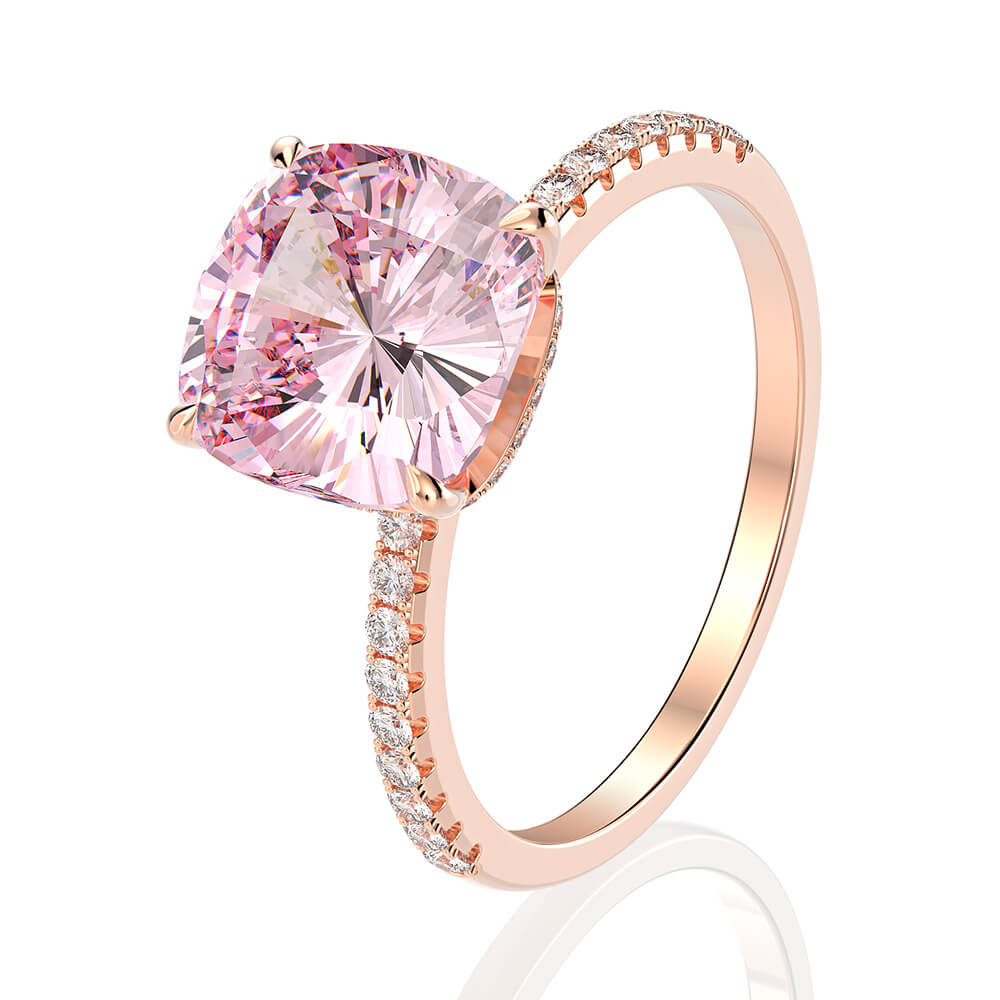Hidden Halo Cushion Lab-Created Sapphire Pave Rose Gold Sterling Silver Ring