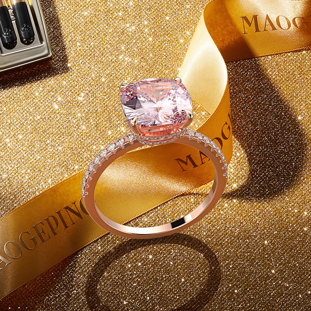 Hidden Halo Cushion Lab-Created Sapphire Pave Rose Gold Sterling Silver Ring