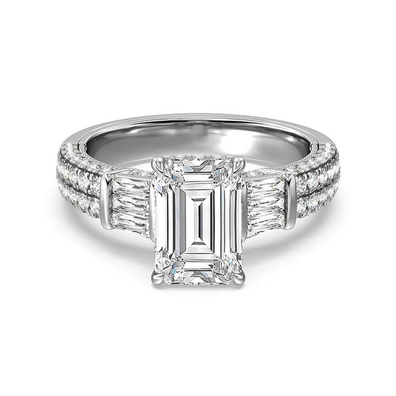 Hidden Halo Emerald-Cut Moissanite Two Row Pavé Engagement Ring