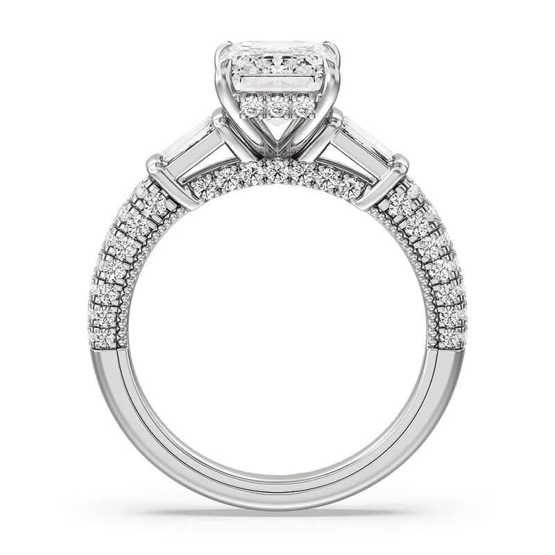 Hidden Halo Emerald-Cut Moissanite Two Row Pavé Engagement Ring