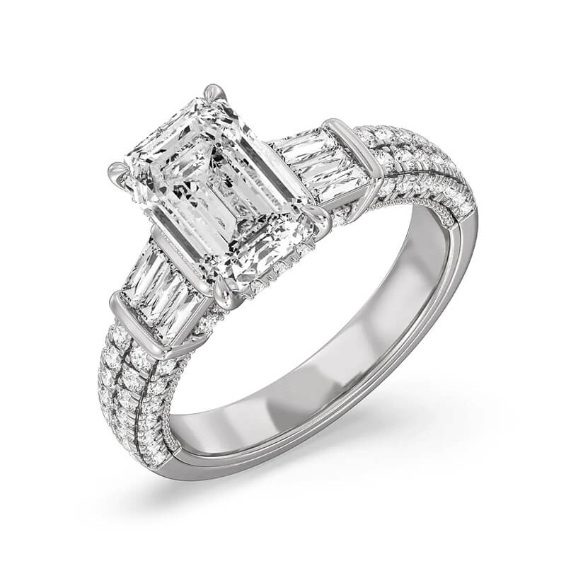Hidden Halo Emerald-Cut Moissanite Two Row Pavé Engagement Ring