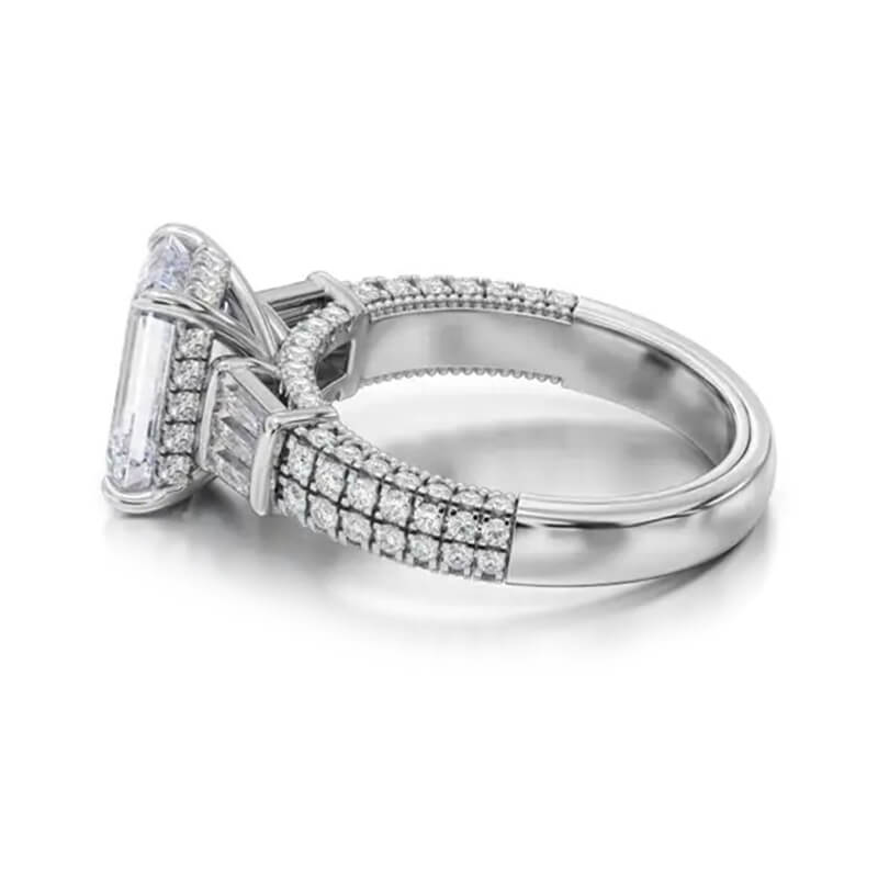 Hidden Halo Emerald-Cut Moissanite Two Row Pavé Engagement Ring