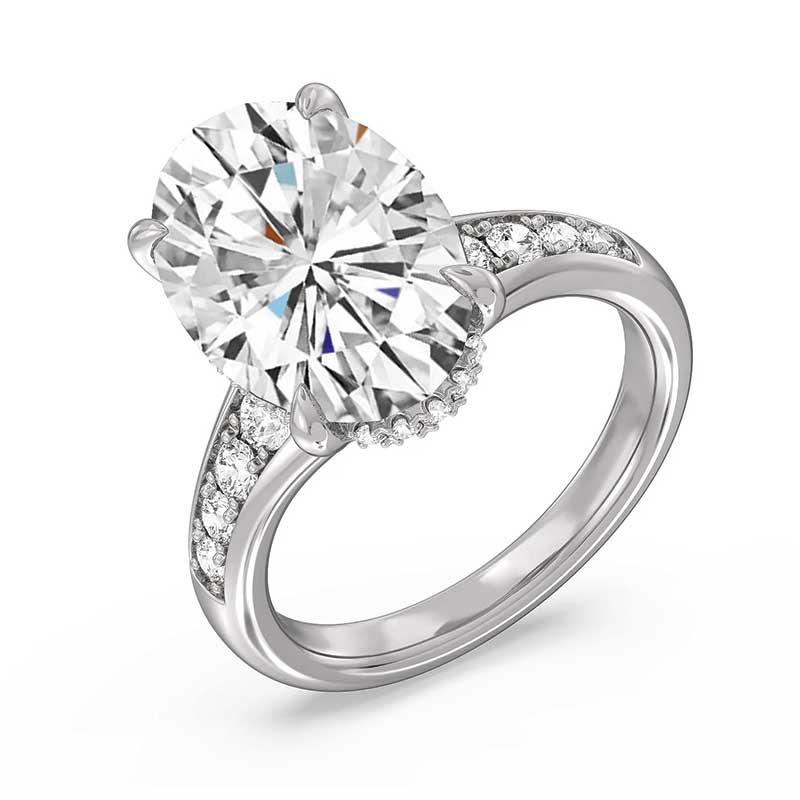 Hidden Halo Oval Moissanite Graduated Channel Set Engagement Ring