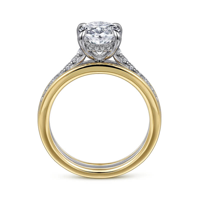 Hidden Halo Oval Moissanite Three Row Two Tone Engagement Ring