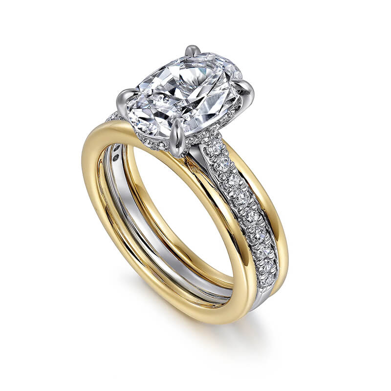 Hidden Halo Oval Moissanite Three Row Two Tone Engagement Ring