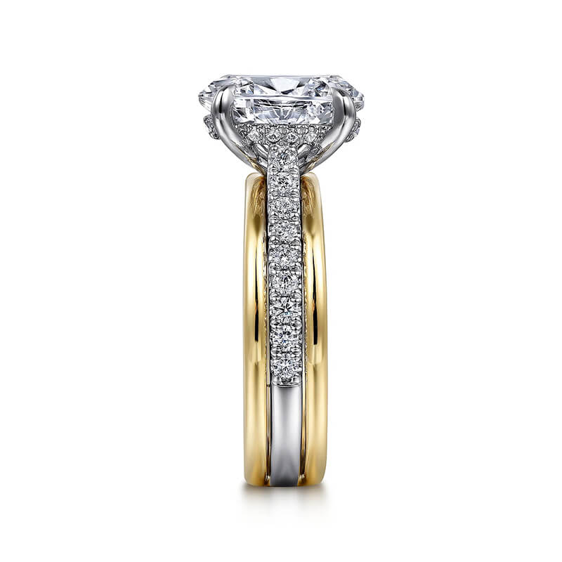 Hidden Halo Oval Moissanite Three Row Two Tone Engagement Ring