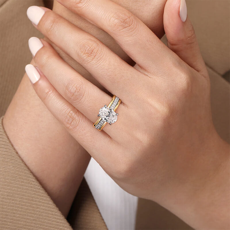 Hidden Halo Oval Moissanite Three Row Two Tone Engagement Ring