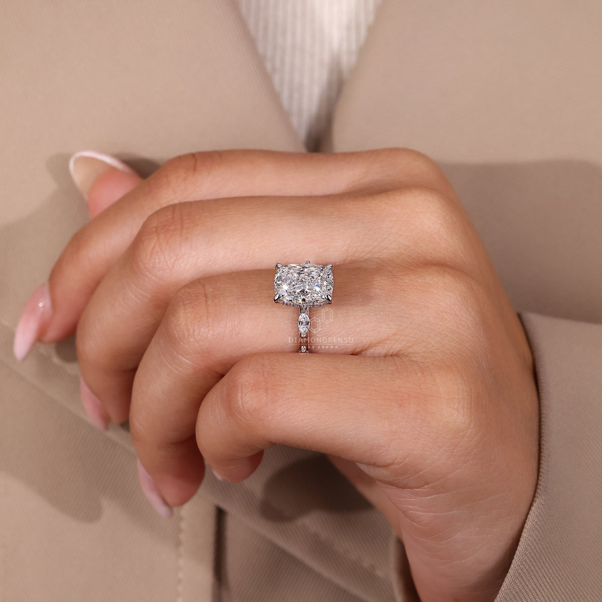 Elongated Cushion Cut Diamond Ring in Distance Pave Setting