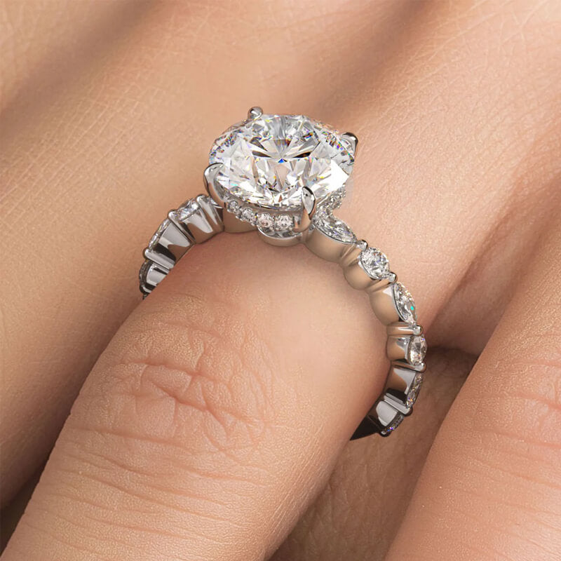 Hidden Halo Round Moissanite Alternating Round And Marquise Engagement Ring