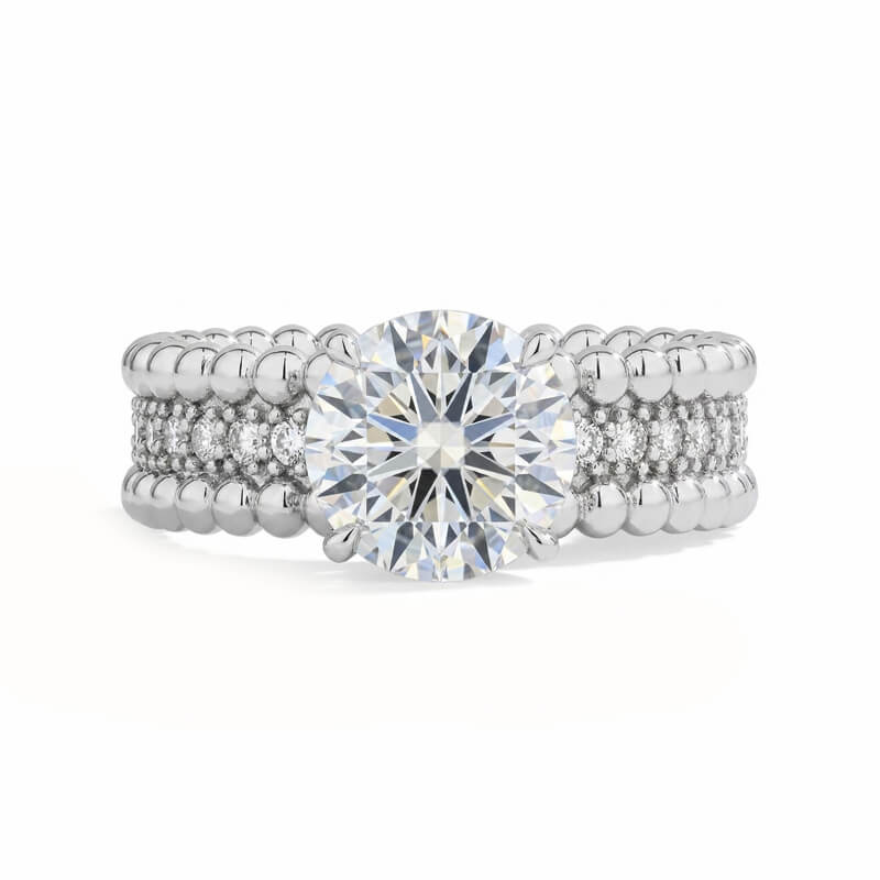 Hidden Halo Round Moissanite with Triple Row Beaded Pavé Engagement Ring