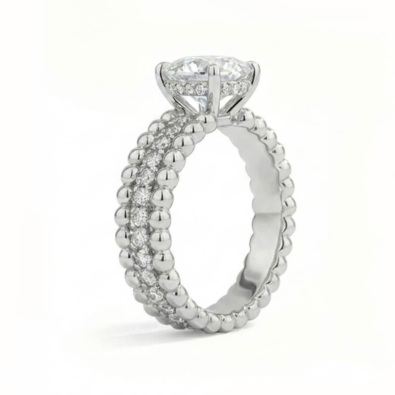 Hidden Halo Round Moissanite with Triple Row Beaded Pavé Engagement Ring