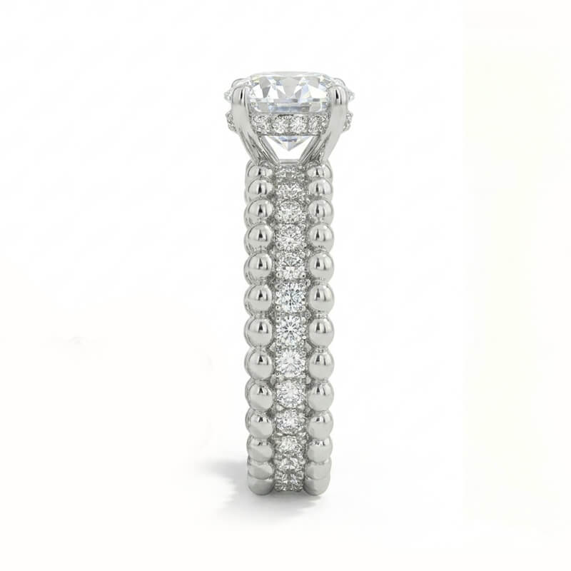 Hidden Halo Round Moissanite with Triple Row Beaded Pavé Engagement Ring