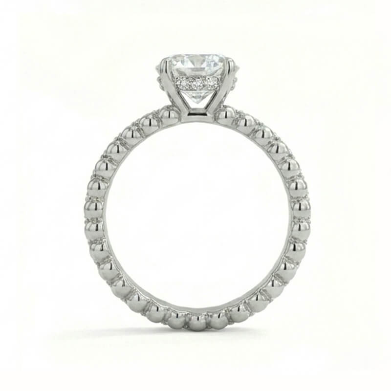 Hidden Halo Round Moissanite with Triple Row Beaded Pavé Engagement Ring